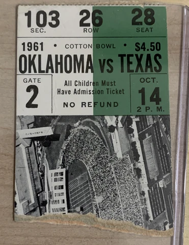 1961 Oklahoma Sooners Texas Longhorns Football Ticket Stub Cotton Bowl Dallas Cover