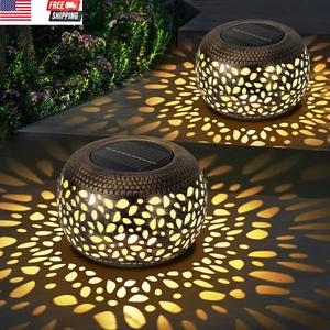 Solar Lanterns Waterproof Outdoor Decor: 2 Pack Hollow Out Retro Metal Solar Lig - Picture 1 of 7