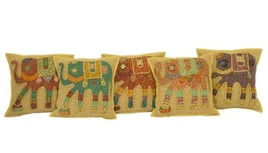 AamiraA Kantha Patchwork Elephant Mustard Cushion Covers Decorative Pillow Case - Picture 1 of 17