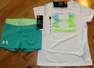 Under Armour white logo top & green bike shorts NWT girls L YLG - Picture 1 of 1