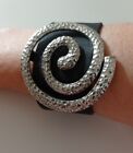 Chunky Silver Tone Spiral Shape Black Leather Magnetic Clasp Wide Bracelet-19.5 