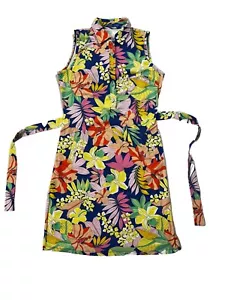J McLaughlin Sleeveless Dolly Dress Size M Blue Multi Hibiscus Catalina Cloth - Picture 1 of 6
