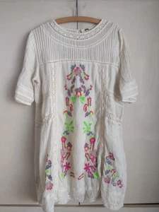 Free People Perfectly Victorian Dress Cream Neon Pink Floral Embroidered Sz M - Picture 1 of 16