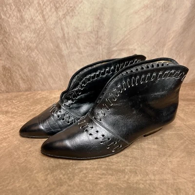 Vintage 60s Joanna Black Whip Stitch Style Western Victorian Ankle Boots  - Image 1 of 4