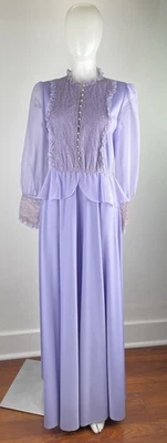 70s Does Victorian Maxi Dress Lavender Lace Chiffon Polyester Knit SZ M/L (FLAWS - Image 1 of 4