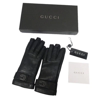 Gucci Guantes G Entrelazados Cuero Cachemira Negro GG Talla 7 Con Caja Auténticos Foto 1 de 4