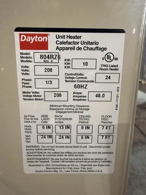 DAYTON 804RZ6 Electric Wall/Ceiling Heat,27.7 A, 48 A 804RZ6 - Image 1 of 4