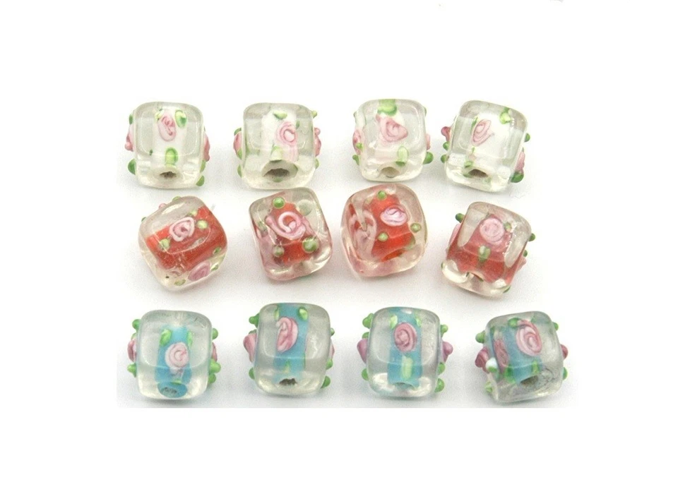 12 pc Square Bumpy Flower Lampwork Glass 12mm Beads Lot Handmade Red Blue White - Image 1 of 1