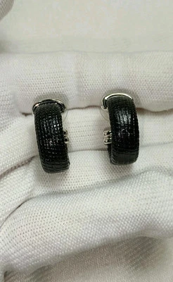 Joan Rivers Silver Tone Black Leather Half J Hoop Post Stud Pierced Earrings - Image 1 of 4