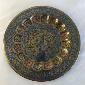 Vintage Etched Brass Enamel Floral Peacock Wall Plate 7.5" - Picture 1 of 3