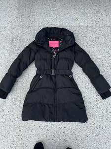 Betsey Johnson Black Down Puffer Quilted Belted Jacket Coat Bling Size S - Picture 1 of 10