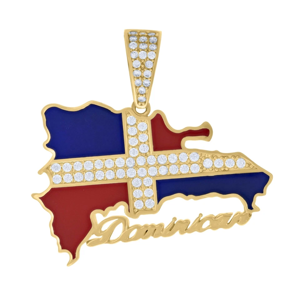 10K Yellow Gold CZ Unisex 1.25" Enameled Charm Dominican Republic Flag Pendant - Image 1 of 1