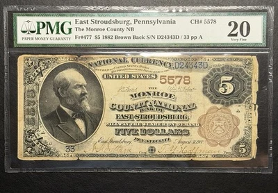 $5 1882 East Stroudsburg, Pennsylvania National Bank Note | # 5578 | Serial #33 - Image 1 of 2