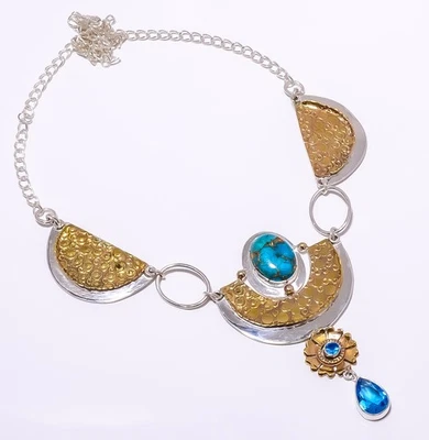 Collar de dos tonos de plata de ley 925 con piedras preciosas turquesa azul cobre 17,99" A398 Foto 1 de 4