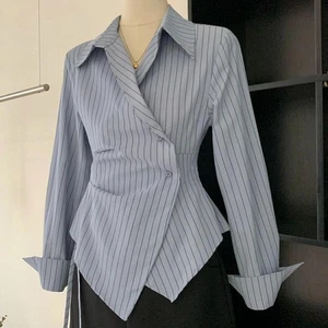 Casual Elegance Women's Long Sleeve Irregular Waist Stripe Top Collection - Picture 1 of 7