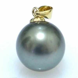 Classic Natural 16mm black round shell pearl 14k gold necklace Reiki New - Picture 1 of 3