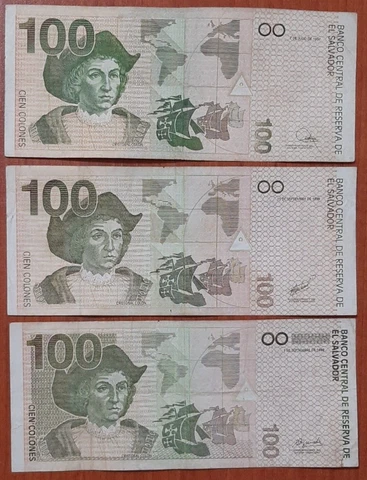 EL SALVADOR SET OF 3 BANKNOTES OF 100 COLONES IN THE LAST DESIGN 1997-98-99 Cover