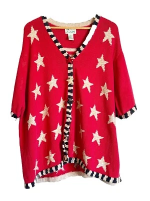 Quacker Factory Womens Cardigan Size 3X Red Short Sleeves Patriotic Sequin Stars - Image 1 of 4