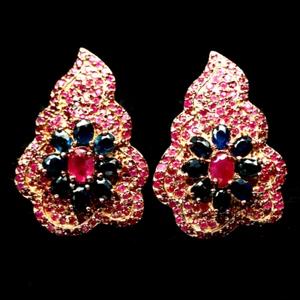 NATURAL PINK RED RUBY & BLUE SAPPHIRE EARRINGS .925 STERLING SILVER 14K RGP - Picture 1 of 3