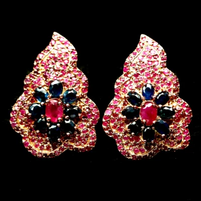 НАТУРАЛЬНЫЙ РОЗОВЫЙ КРАСНЫЙ РУБИН И СИНИЙ САПФИР СЕРЬГИ .925 ИЗ ЧИСТОГО СЕРЕБРА 14K RGP - Изображение 1 из 3