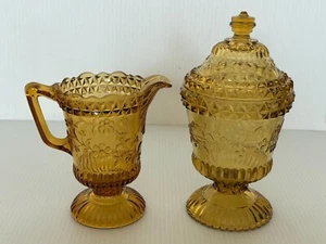 Antique EAPG Adams & Co Amber Glass Wildflower Creamer & Sugar Bowl - Picture 1 of 12