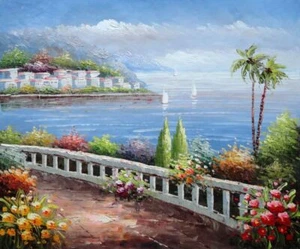 20x24 Promenade along the Ocean Coast Oil Painting Naturalism Mediterranean - Picture 1 of 1