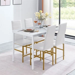4pcs White Faux Leather Dining Chairs & White Marble MDF Top Dining Table Set - Picture 1 of 11