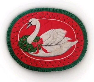 Set 6 tovagliette vintage natalizie cigno bianco ovale trapuntato agrifoglio 2 lati 14"x18" - Foto 1 di 11