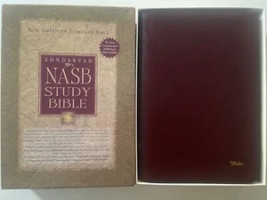 NASB Zondervan Study Bible ~ Burgundy Genuine Leather Thumb Indexed 1999 in Box - Picture 1 of 24
