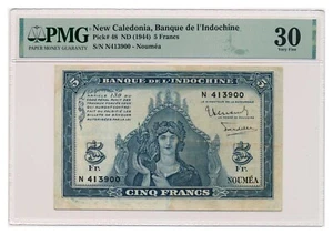 NEW CALEDONIA banknote 5 Francs 1944 PMG VF 30 Very Fine - Picture 1 of 7