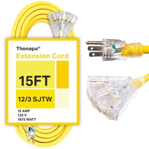Cable de extensión exterior iluminado de 3 salidas 15 pies - calibre 12 15 amperios po... - Imagen 1 de 5