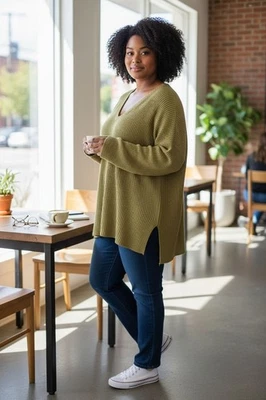 Zenana Women's Waffle Knit Oversized High-Low Tunic Top Size 1X Mustard Olive - Image 1 of 4