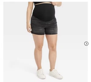 Sz 10 NWT Ingrid & Isabel Maternity Crossover Panel Midi Jean Shorts Black Wash - Picture 1 of 5