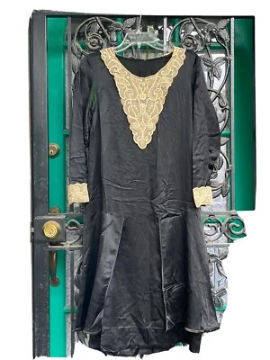 Vestido Vintage Seda Satén Años 20 Aleta Negro Crema Encaje XS S Jazz Age Foto 1 de 4