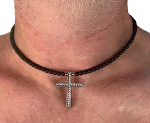 Collana da uomo rosario con croce di pietre dure onice nero in acciaio inox - Foto 1 di 4