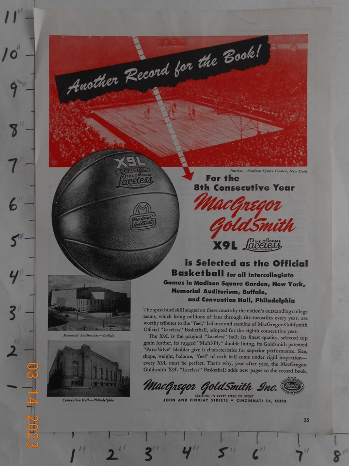 1946 MacGregor Goldsmith баскетбол AD Memorial Auditorium Buffalo NY MSG Philly - Изображение 1 из 1