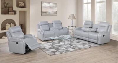 NEW 3PC Light Gray 5-Recliner Sofa Loveseat Chair Leather Modern Living Room Set - Image 1 of 4