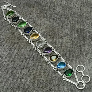 Multi Stone Gemstone 925 Sterling Silver Handmade Jewelry Bracelet 7-8" - Picture 1 of 8