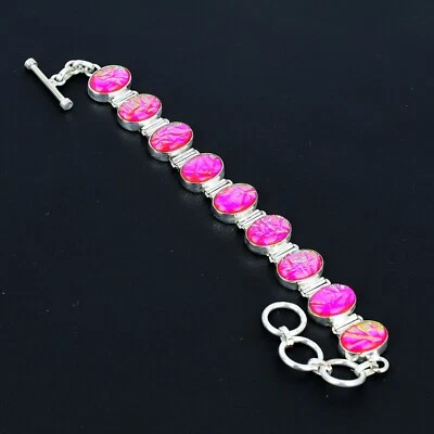 Bracciale In Opale Di Fuoco Rosa Triplo In Argento Sterling 925 Fatto A Mano - Immagine 1 di 4