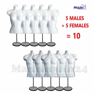 5 Female + 5 Male + 10 Stands + 10 Hooks - WHITE TORSO DRESS BODY FORMS - Picture 1 of 7