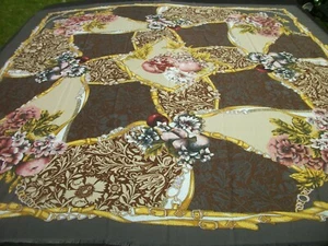 Vintage Print Scarf Flowers Fruit Brown Gold Shades of Red Made in Italy SC104 - Picture 1 of 11