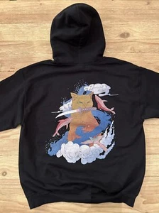 Novelty Cat Wave Whale Black Hoodie Large - Picture 1 of 7