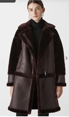 Chaqueta de Motociclista Whistles Borgoña Longline Piel Sintética Talla Pequeña Pesada Cálida  Foto 1 de 4