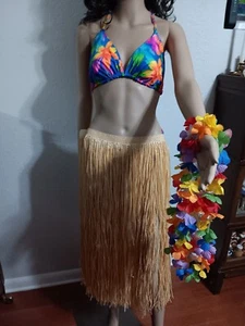 Costume Hawaiian Plastic Grass Skirt, Flower Lais, And Tropical Print Bikini Set - Picture 1 of 4