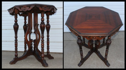 Vintage Octagon Mahogany Hall Entry Parlor Lamp Table 4 Pillars Rosette Fretwork Cover