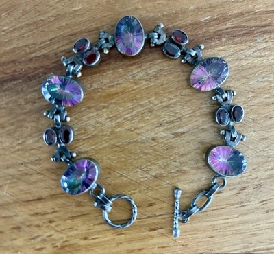 Vintage Mystic Topaz & Garnet Sterling Bracelet Toggle Clasp 925 - Image 1 of 4