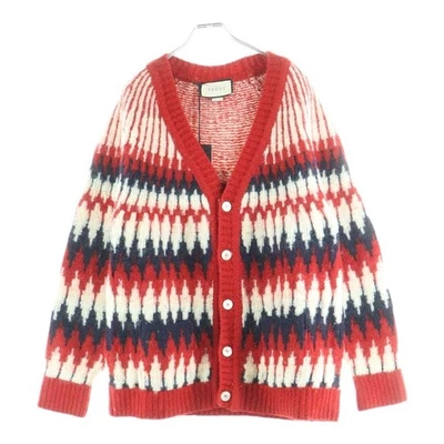GUCCI Jacquard Thick Wool Knit Cardigan Zig Zag Red 633825 XKBIZ 9118 Used 780b9 - Image 1 of 4