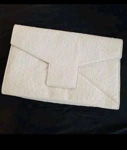 Vtg First Lady Bootery Ivory White Leather Ostrich Clutch Envelope Laptop Bag - Picture 1 of 12