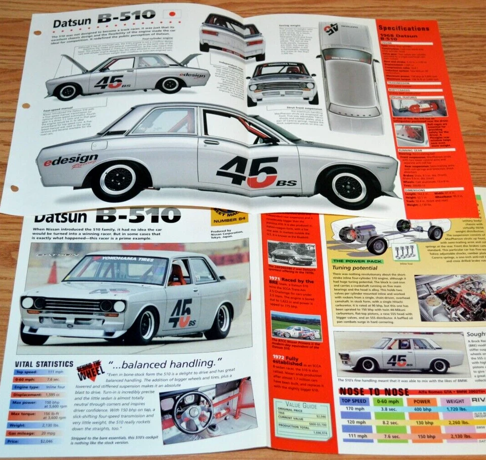 Póster Datsun B510 1968 información de especificaciones folleto original anuncio 68 Nissan B 510 Racing Foto 1 de 1