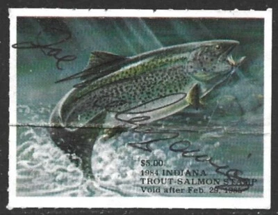 USA 1984 INDIANA Trout & Salmon Fishing Revenue Stamp #35 SERIF SERIAL# Signed - Image 1 of 2